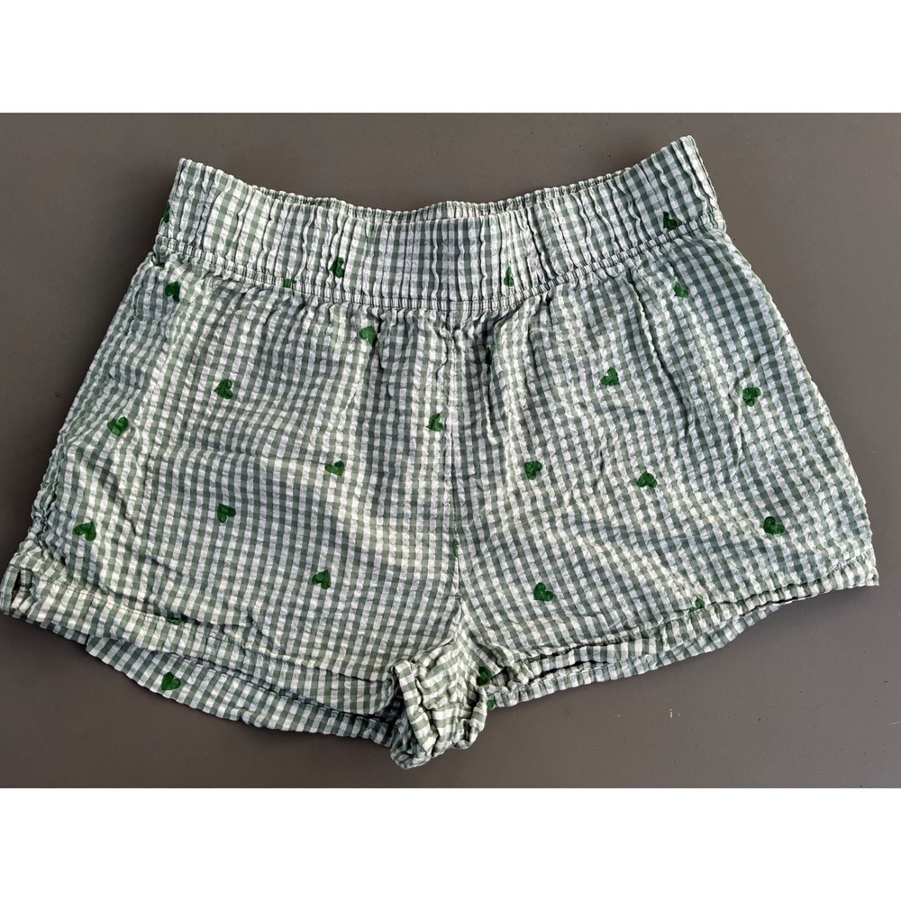 American Eagle AE Lounge Gingham Heart Pajama Shorts Green White Medium